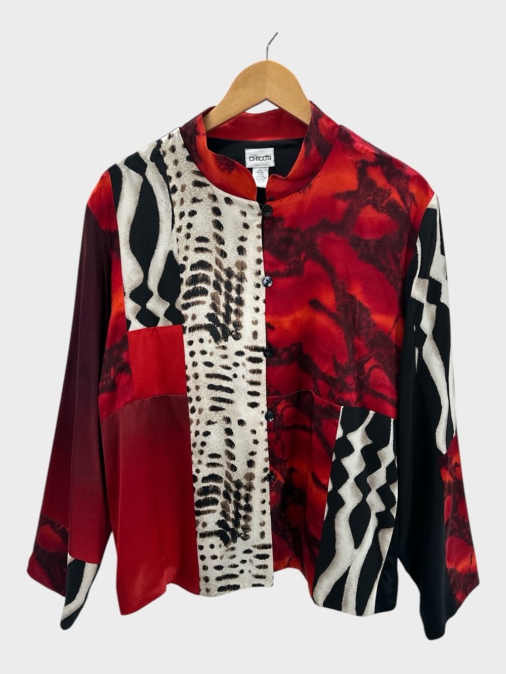 Chico’s Silk Kimono Jacket Mandarin Collar Button Front Dressy Artwear‎ XL